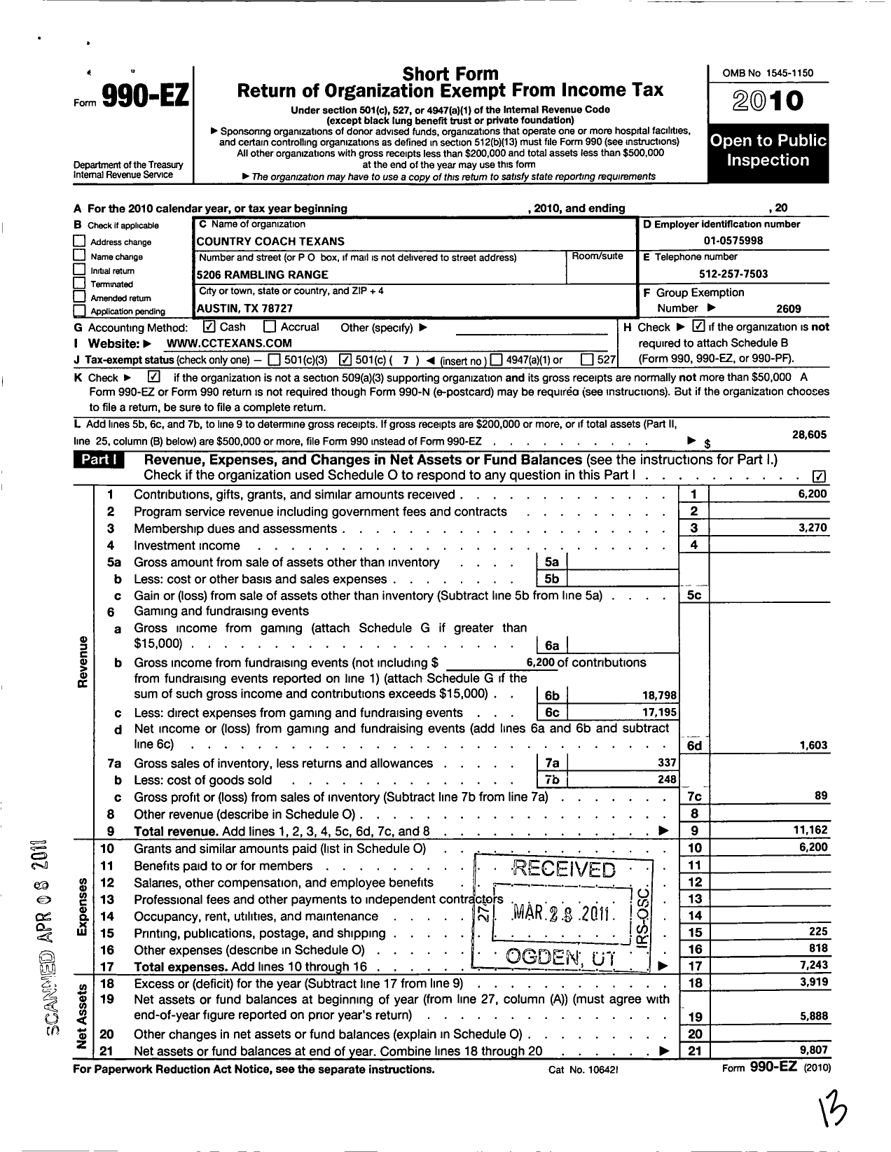 Image of first page of 2010 Form 990EO for Family Motor Coach Association / Country Coach Texans