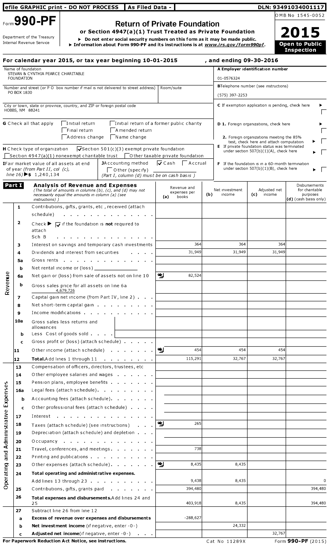 Image of first page of 2015 Form 990PF for Stevan and Cynthia Pearce Charitable Foundation