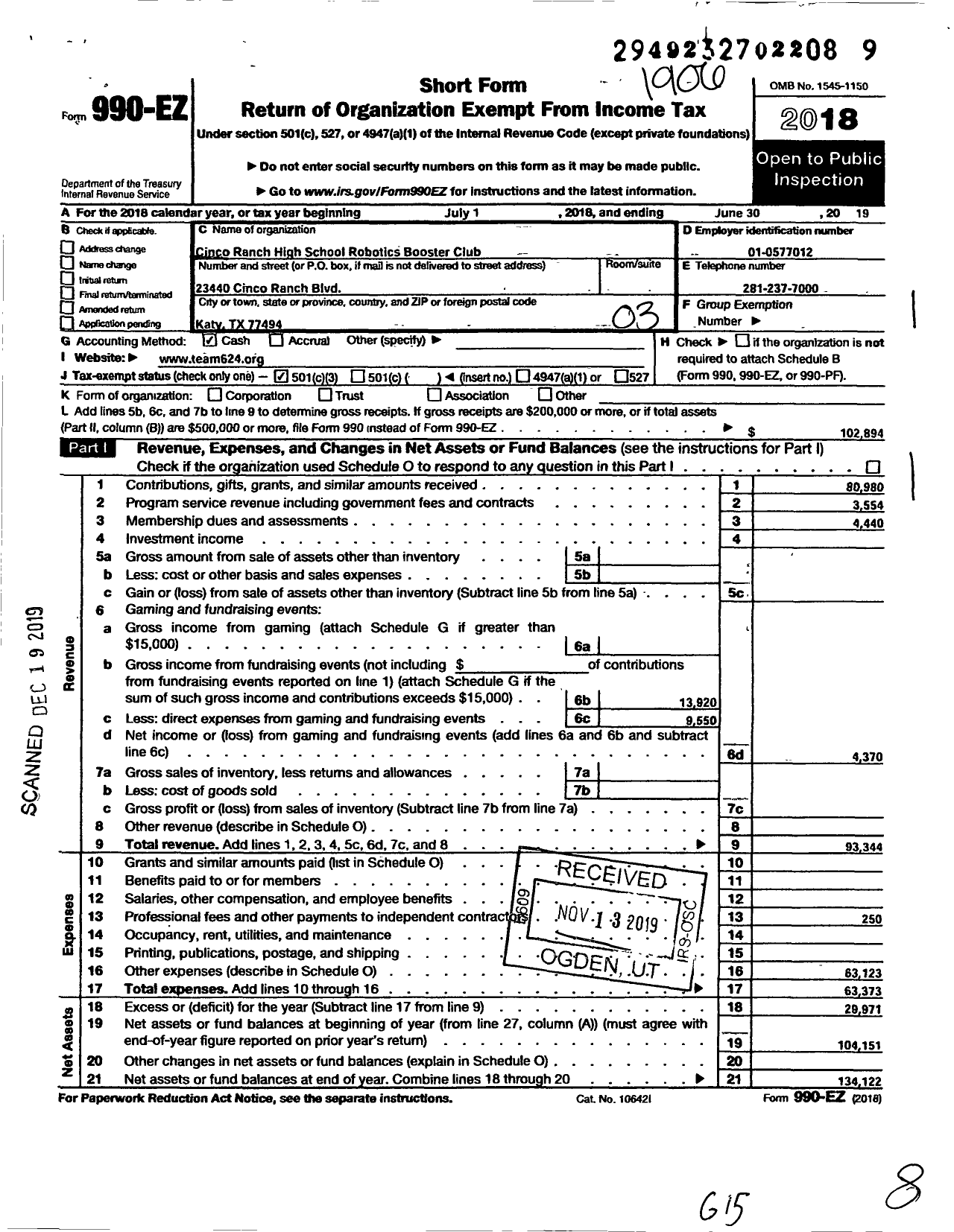 Image of first page of 2018 Form 990EZ for Cinco Ranch High School Robotics Booster Club