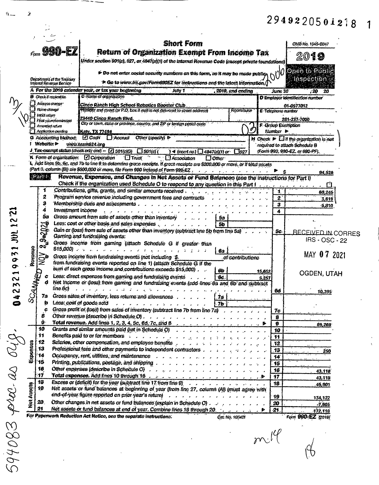 Image of first page of 2019 Form 990EZ for Cinco Ranch High School Robotics Booster Club