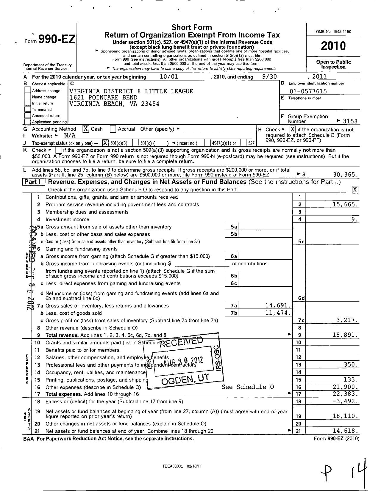 Image of first page of 2010 Form 990EZ for Little League Baseball - 3460800 Andrew Adler