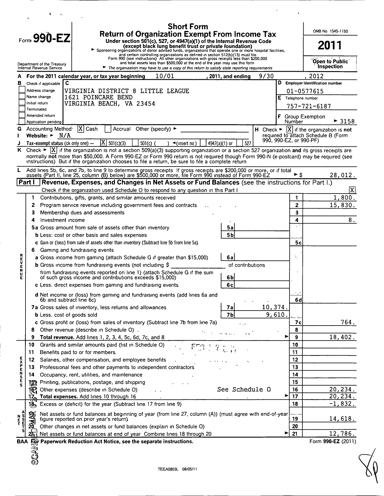 Image of first page of 2011 Form 990EZ for Little League Baseball - 3460800 Andrew Adler