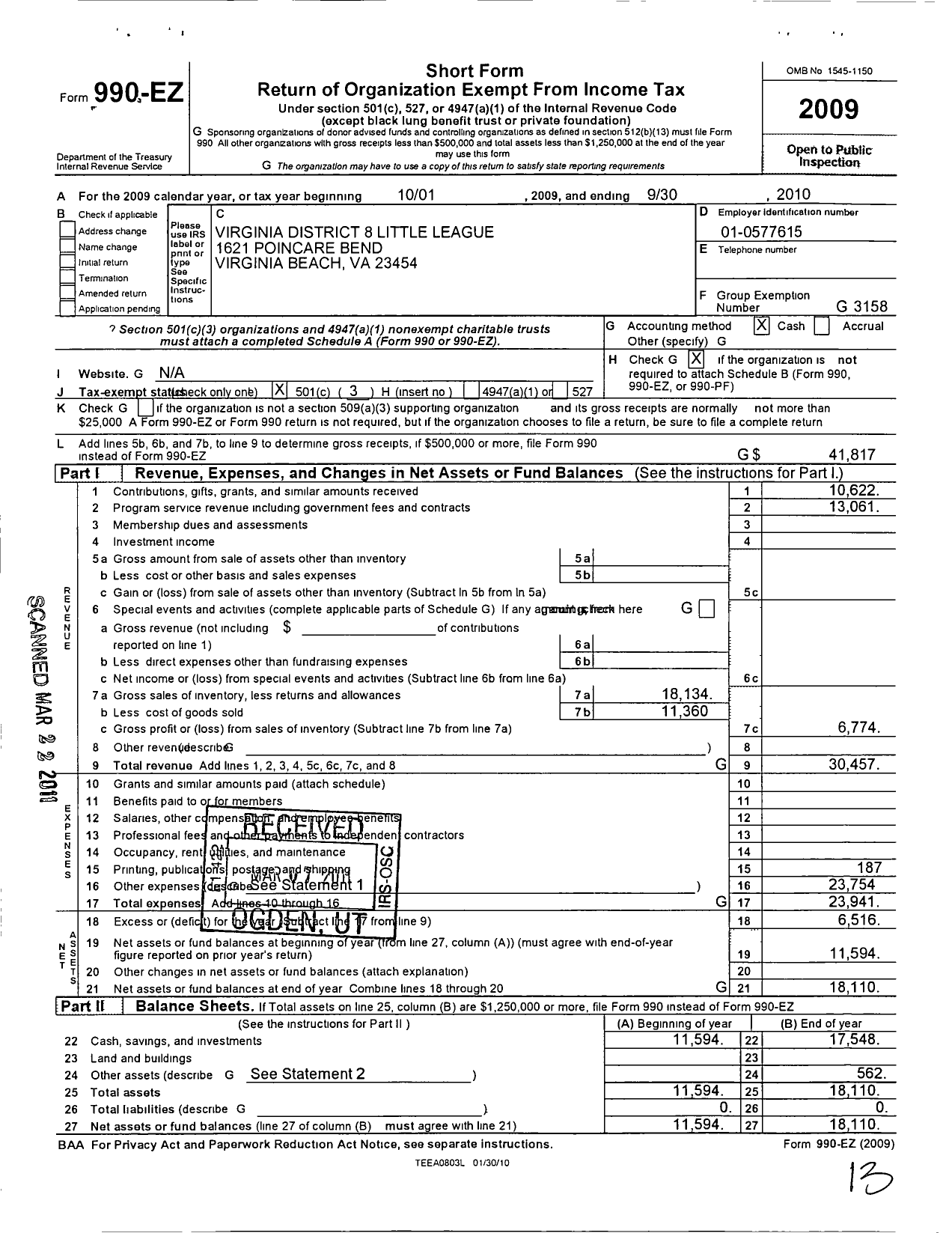 Image of first page of 2009 Form 990EZ for Little League Baseball - 3460800 Andrew Adler