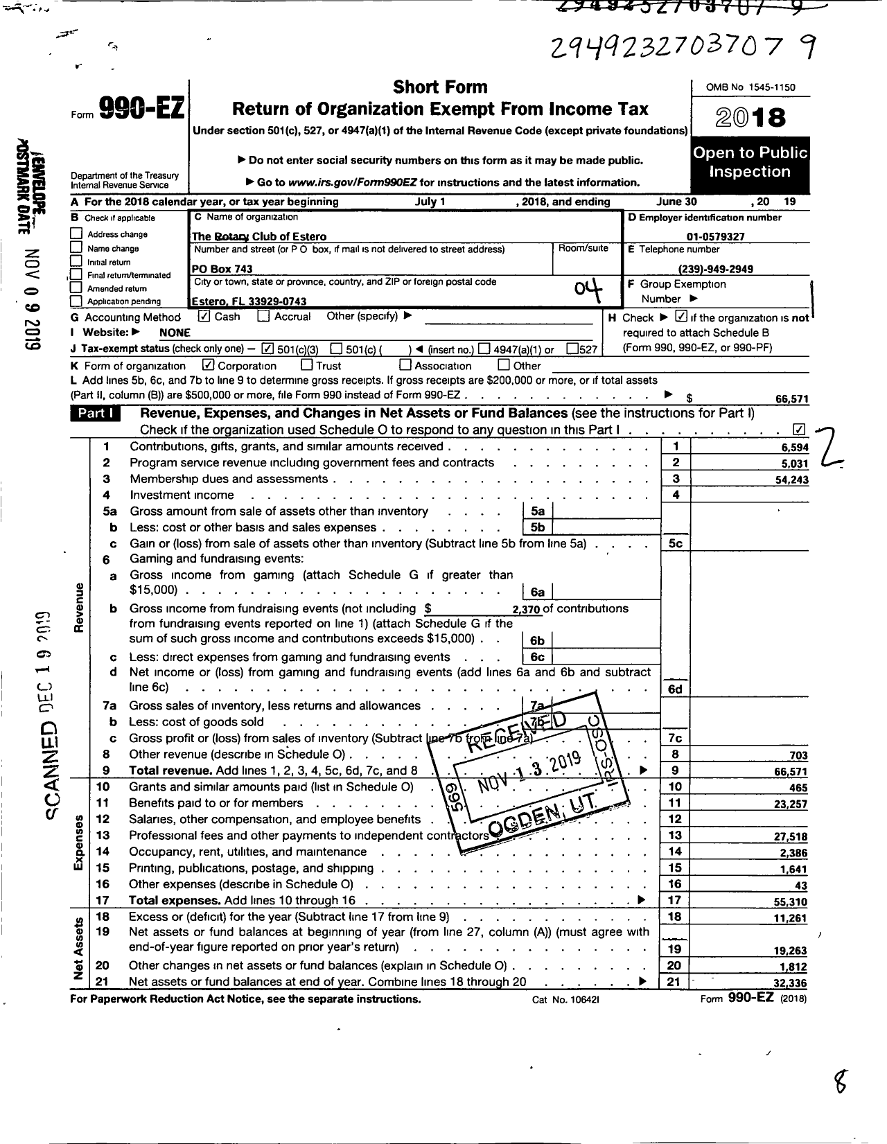 Image of first page of 2018 Form 990EO for Rotary International - Estero Rotary Club