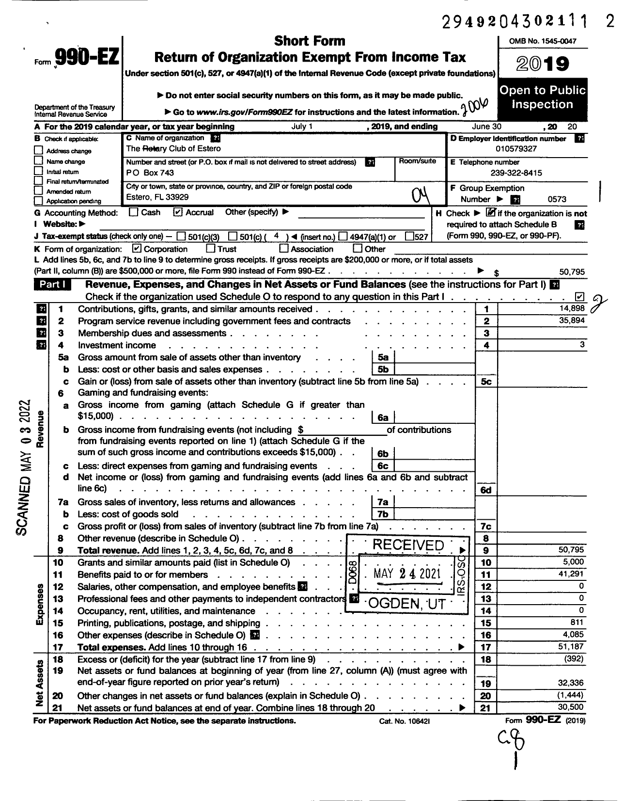 Image of first page of 2019 Form 990EO for Rotary International - Estero Rotary Club