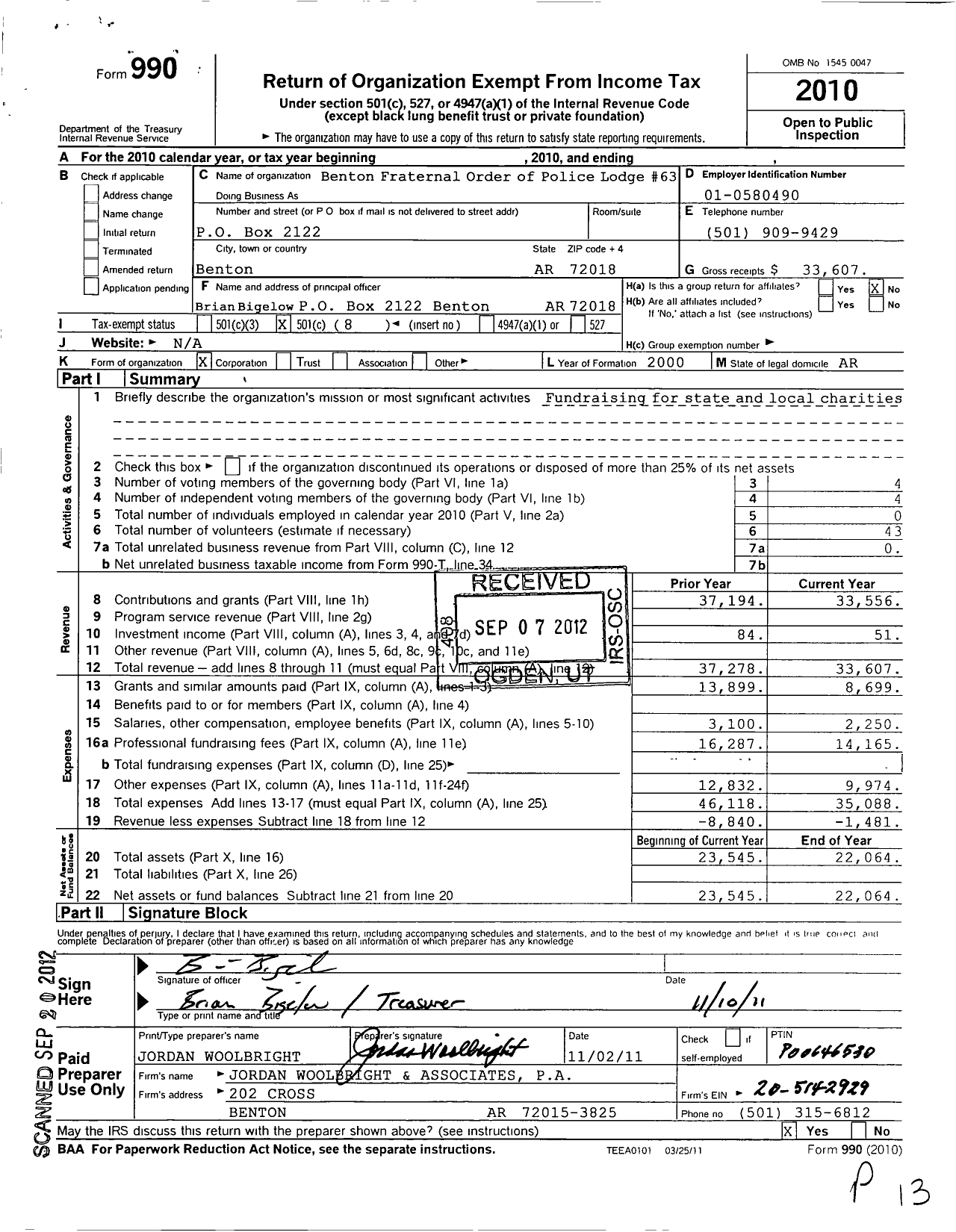 Image of first page of 2010 Form 990O for Fraternal Order of Police - 63 Benton Municipal Fop