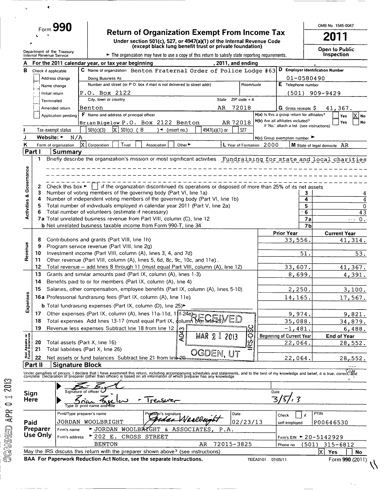 Image of first page of 2011 Form 990O for Fraternal Order of Police - 63 Benton Municipal Fop