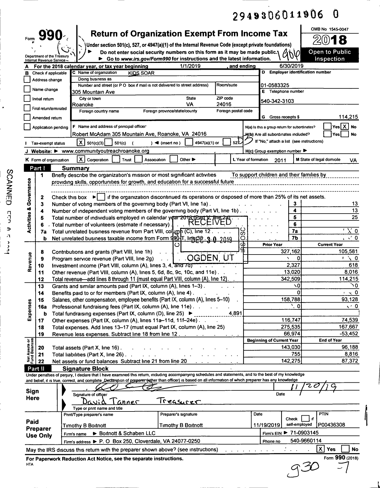 Image of first page of 2018 Form 990 for Kids Soar