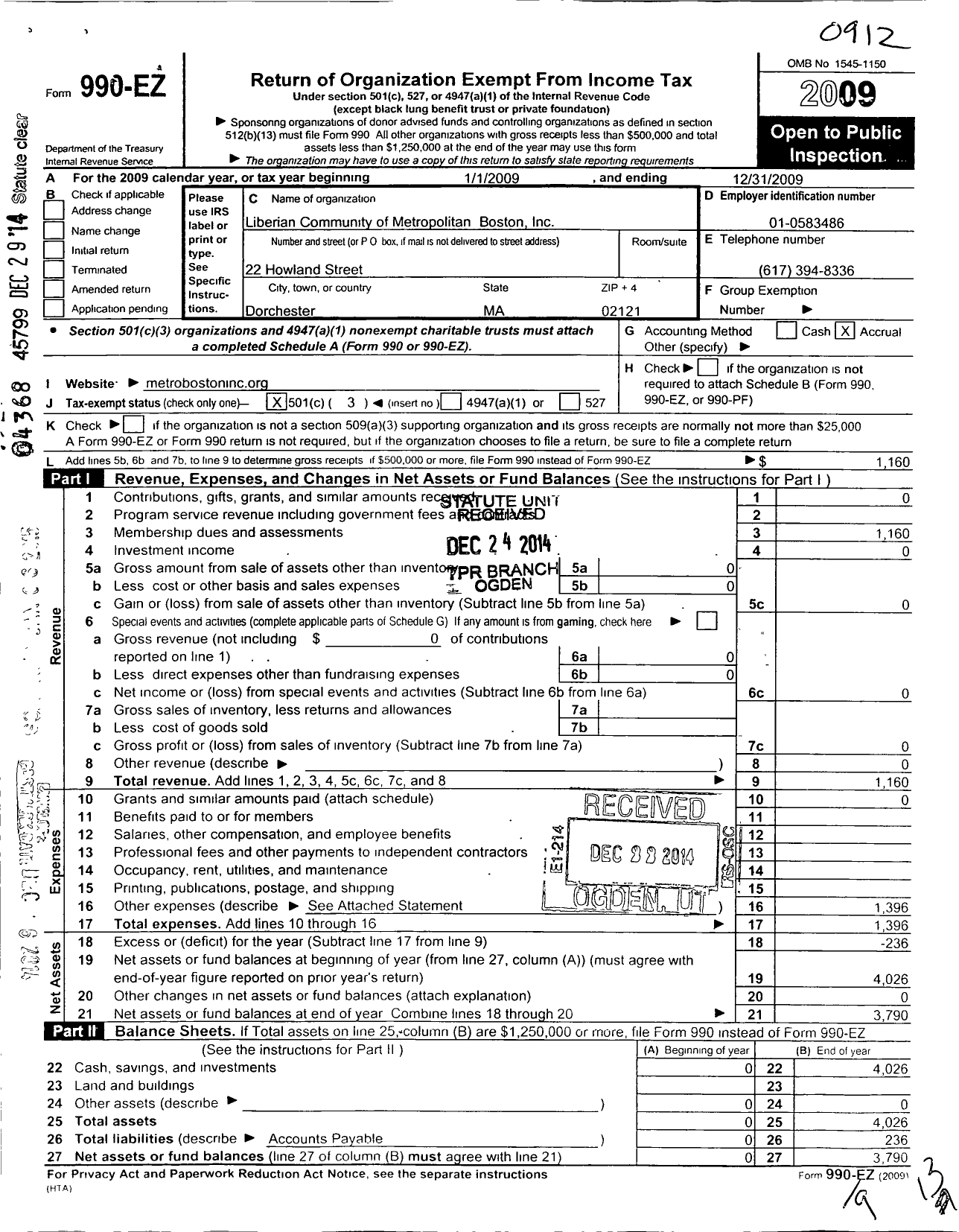 Image of first page of 2009 Form 990EZ for Liberian Community of Metropolitan Boston