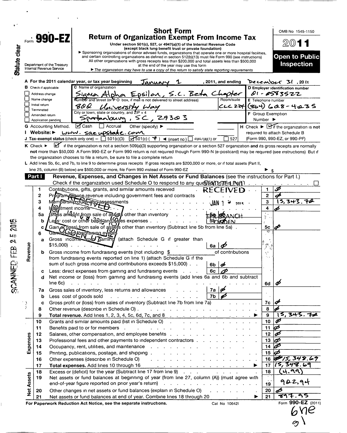 Image of first page of 2011 Form 990EO for Sigma Alpha Epsilon South Carolina Beta