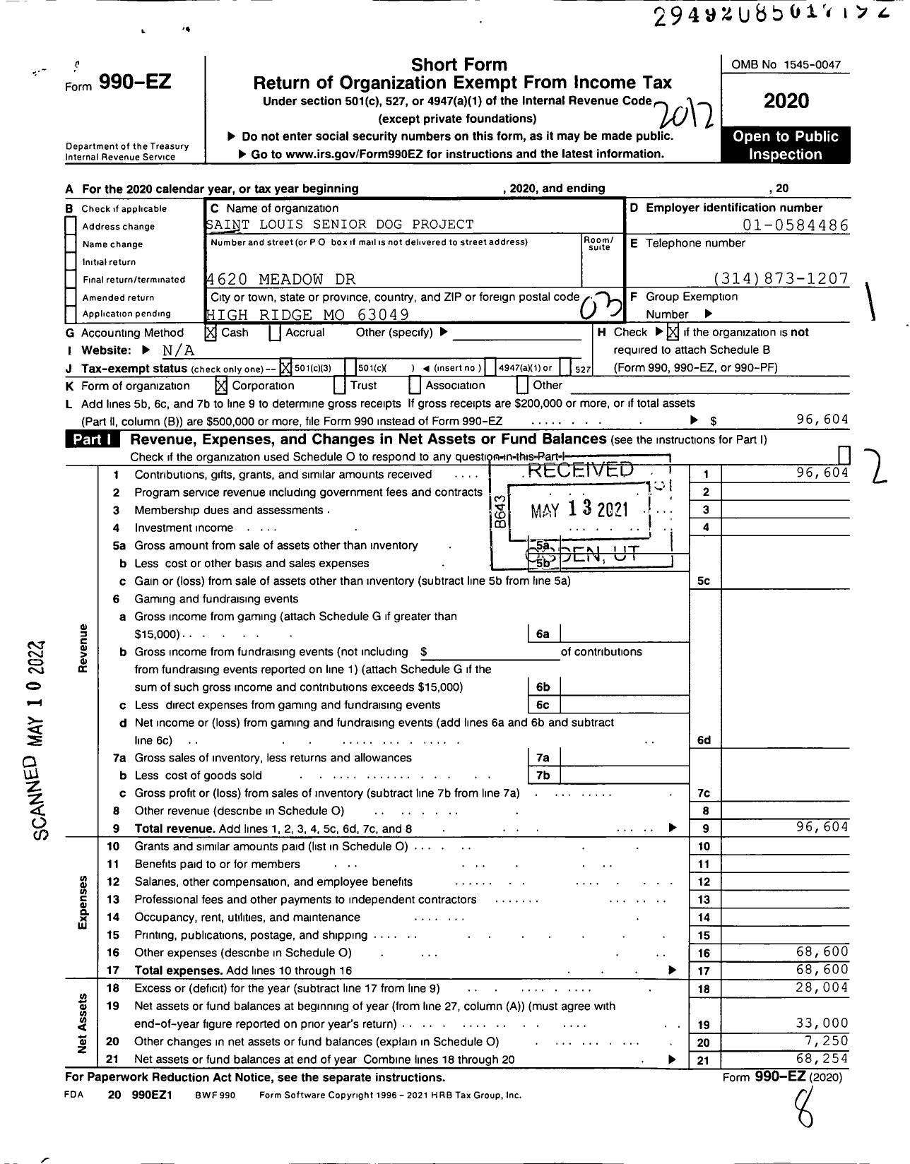 Image of first page of 2020 Form 990EZ for Saint Louis Senior Dog Project