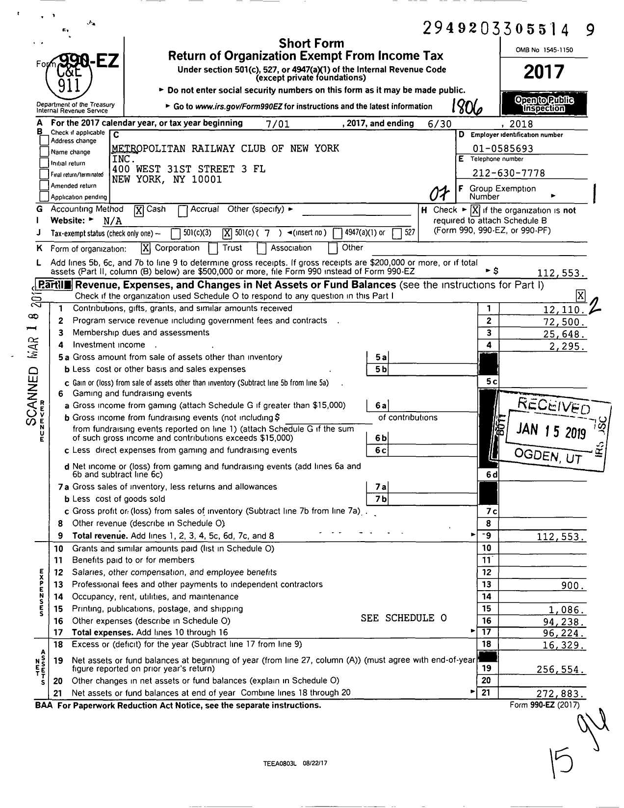 Image of first page of 2017 Form 990EO for Metropolitan Railway Club of New York