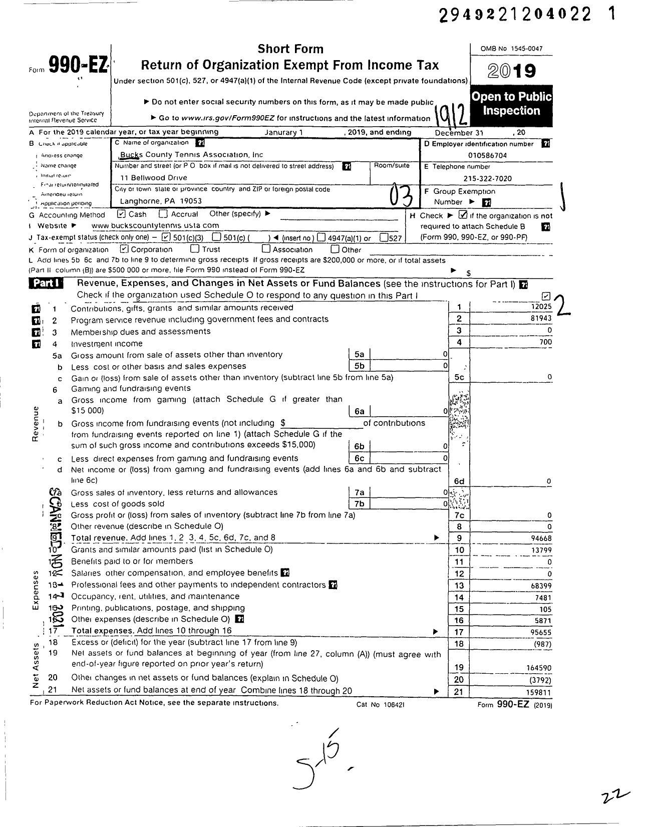 Image of first page of 2019 Form 990EZ for Bucks County Tennis Association