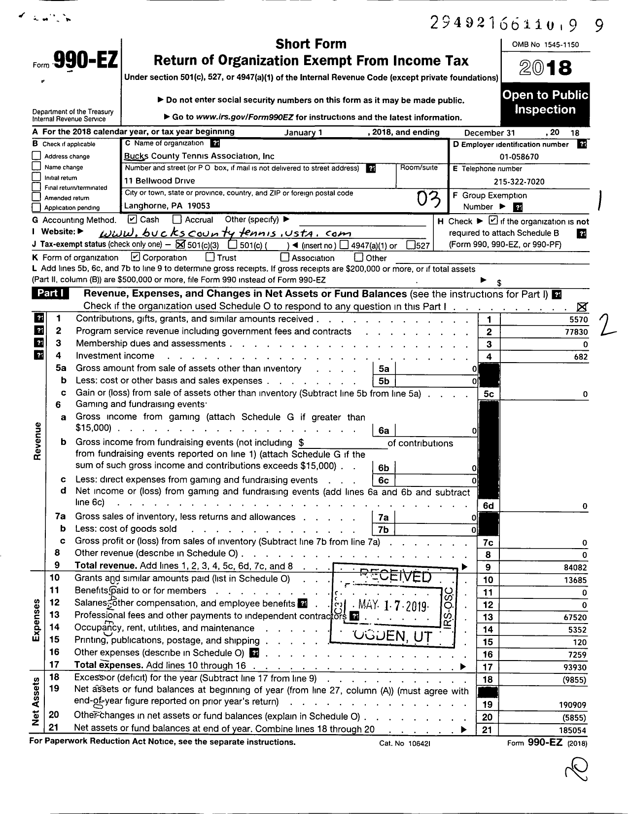 Image of first page of 2018 Form 990EZ for Bucks County Tennis Association