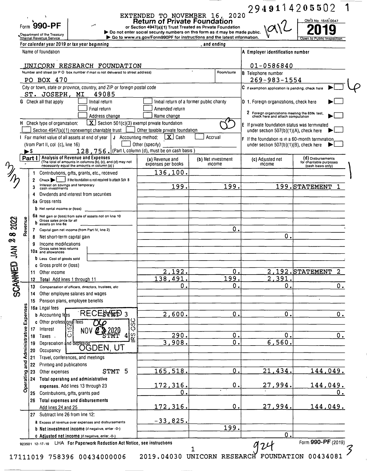 Image of first page of 2019 Form 990PF for Unicorn Research Foundation