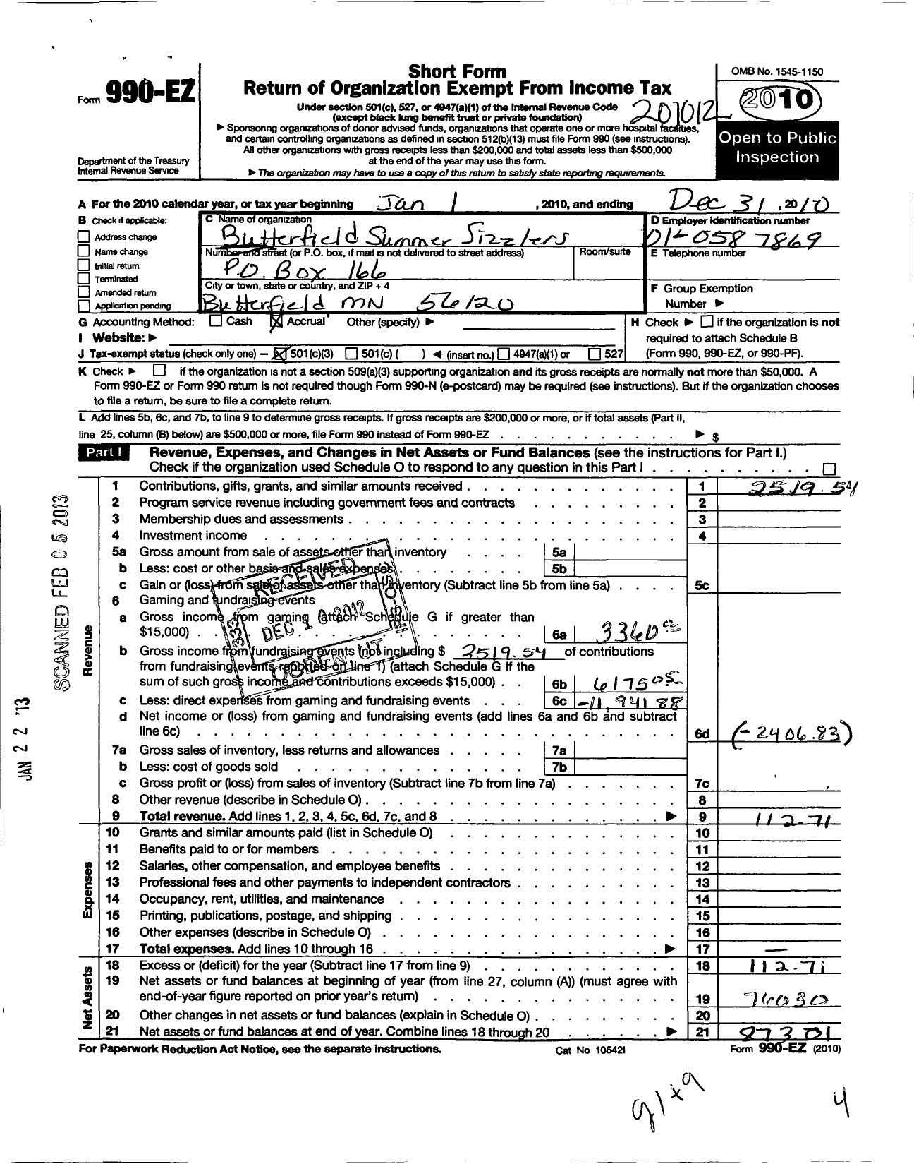 Image of first page of 2010 Form 990EZ for Butterfield Summer Sizzlers