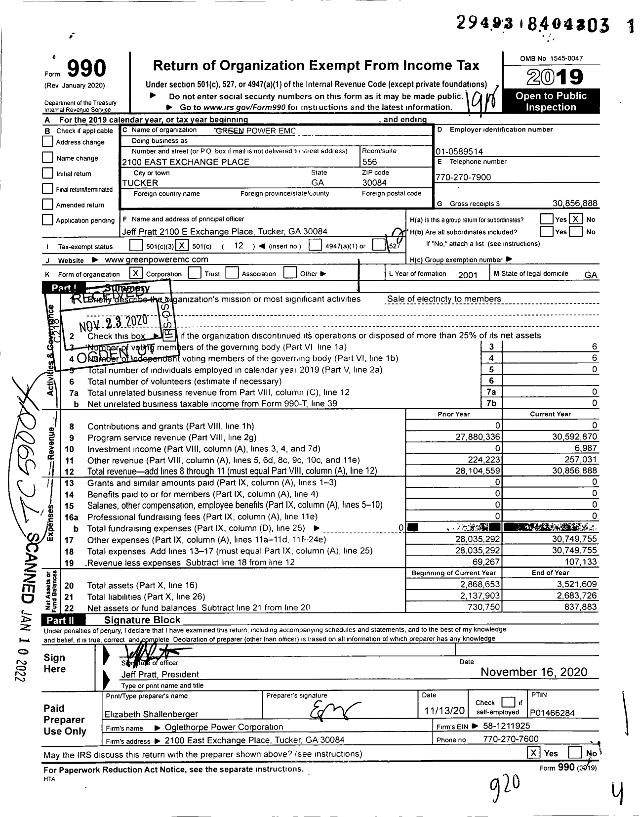 Image of first page of 2019 Form 990O for Green Power EMC