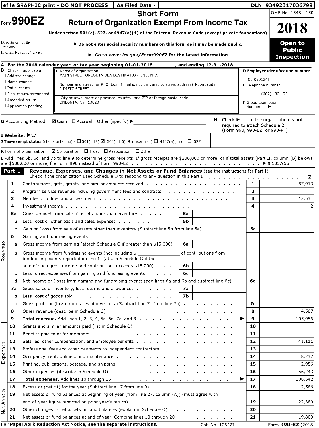 Image of first page of 2018 Form 990EO for Destination Oneonta