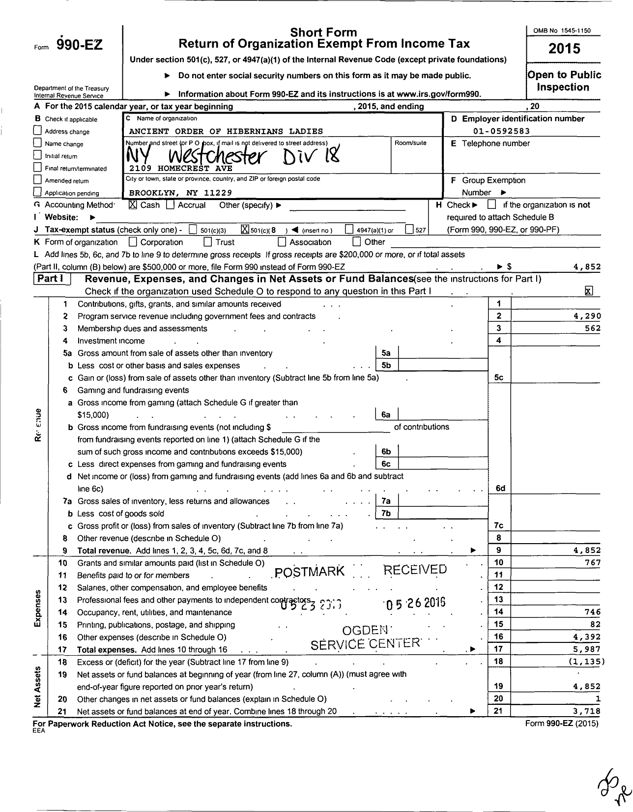 Image of first page of 2015 Form 990EO for Ancient Order of Hibernians Ladies