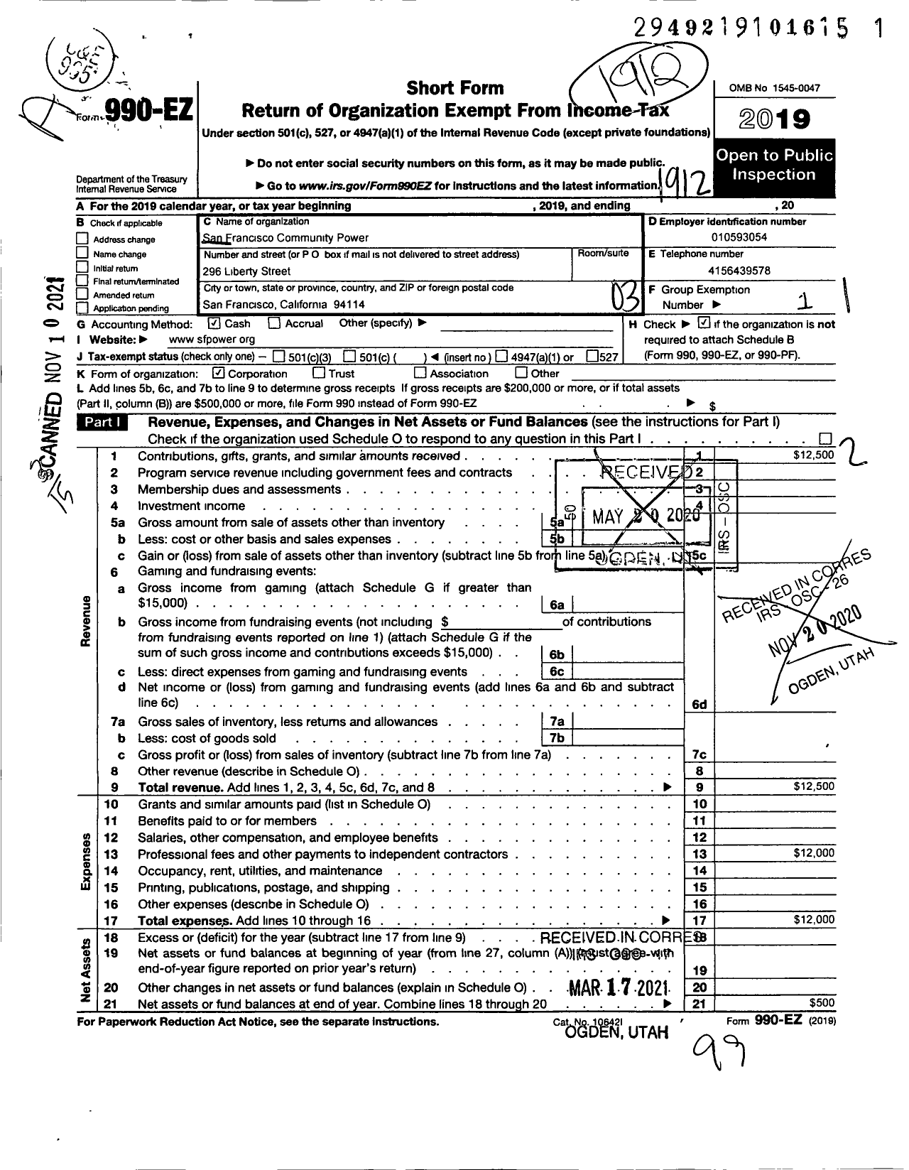 Image of first page of 2019 Form 990EZ for San Francisco Community Power