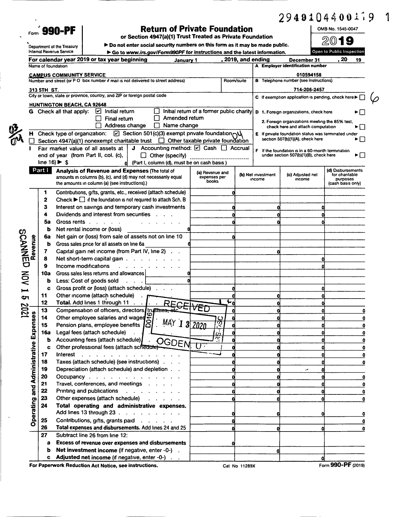 Image of first page of 2019 Form 990PF for Campus Community Service