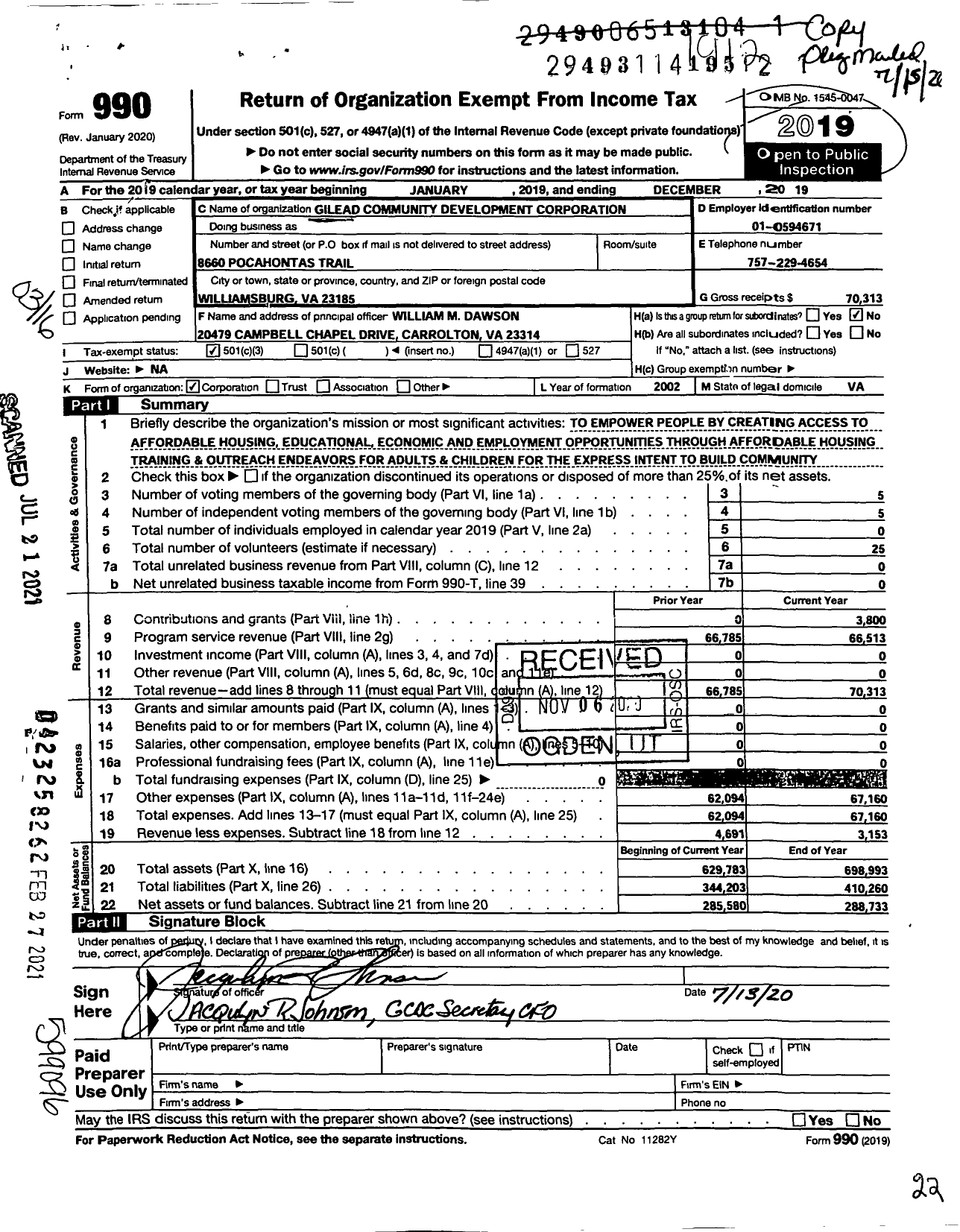Image of first page of 2019 Form 990 for Gilead Community Development Corporation