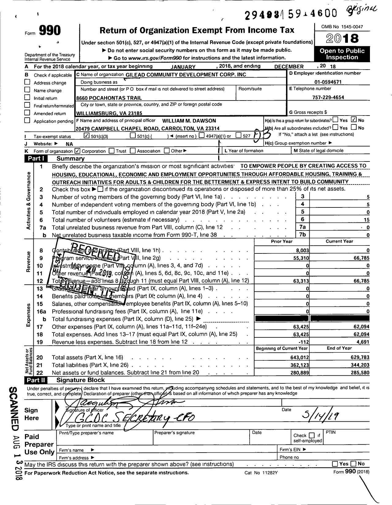 Image of first page of 2018 Form 990 for Gilead Community Development Corporation