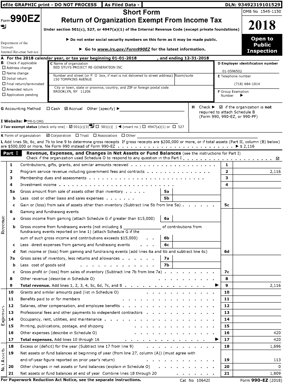 Image of first page of 2018 Form 990EZ for Bed Stuys Project Re-Generation