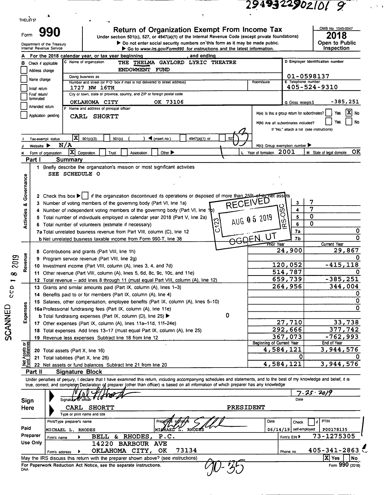 Image of first page of 2018 Form 990 for Thelma Thelma Gaylord Lyric Theatre Endowment Fund