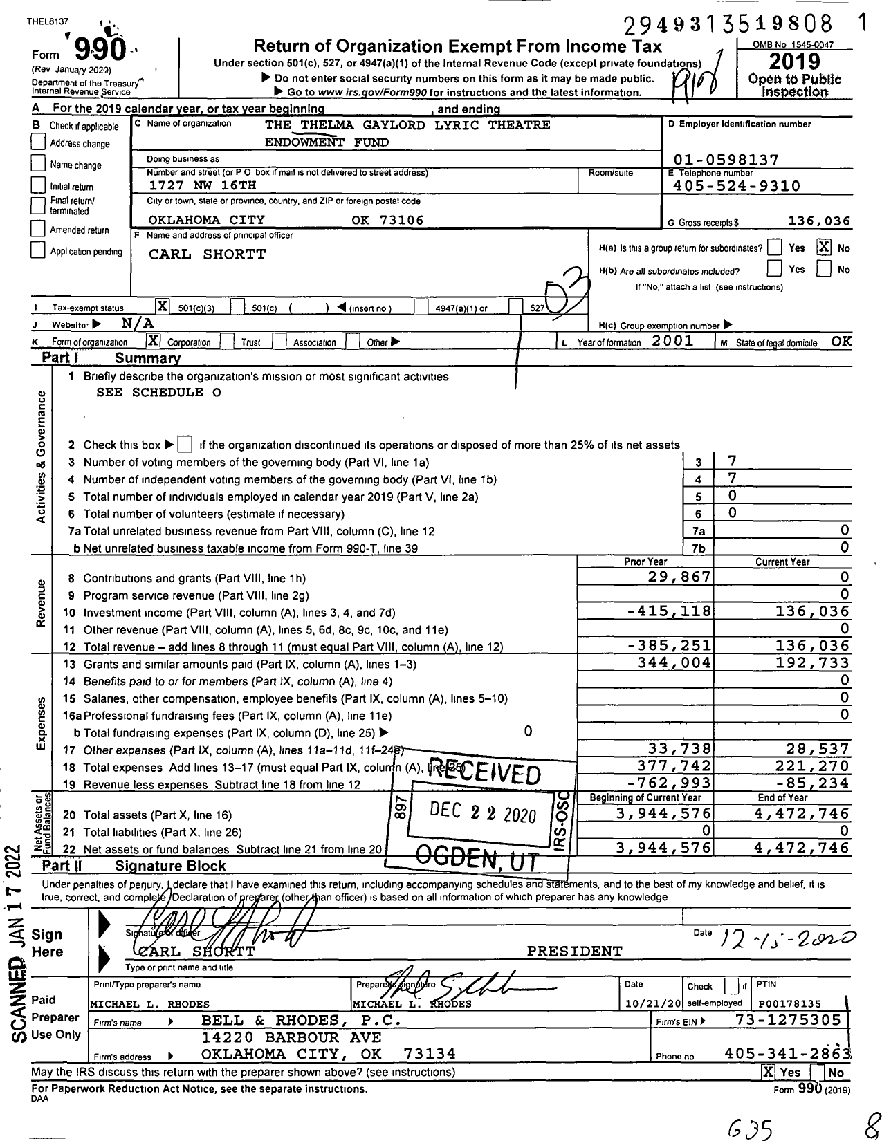 Image of first page of 2019 Form 990 for Thelma Thelma Gaylord Lyric Theatre Endowment Fund