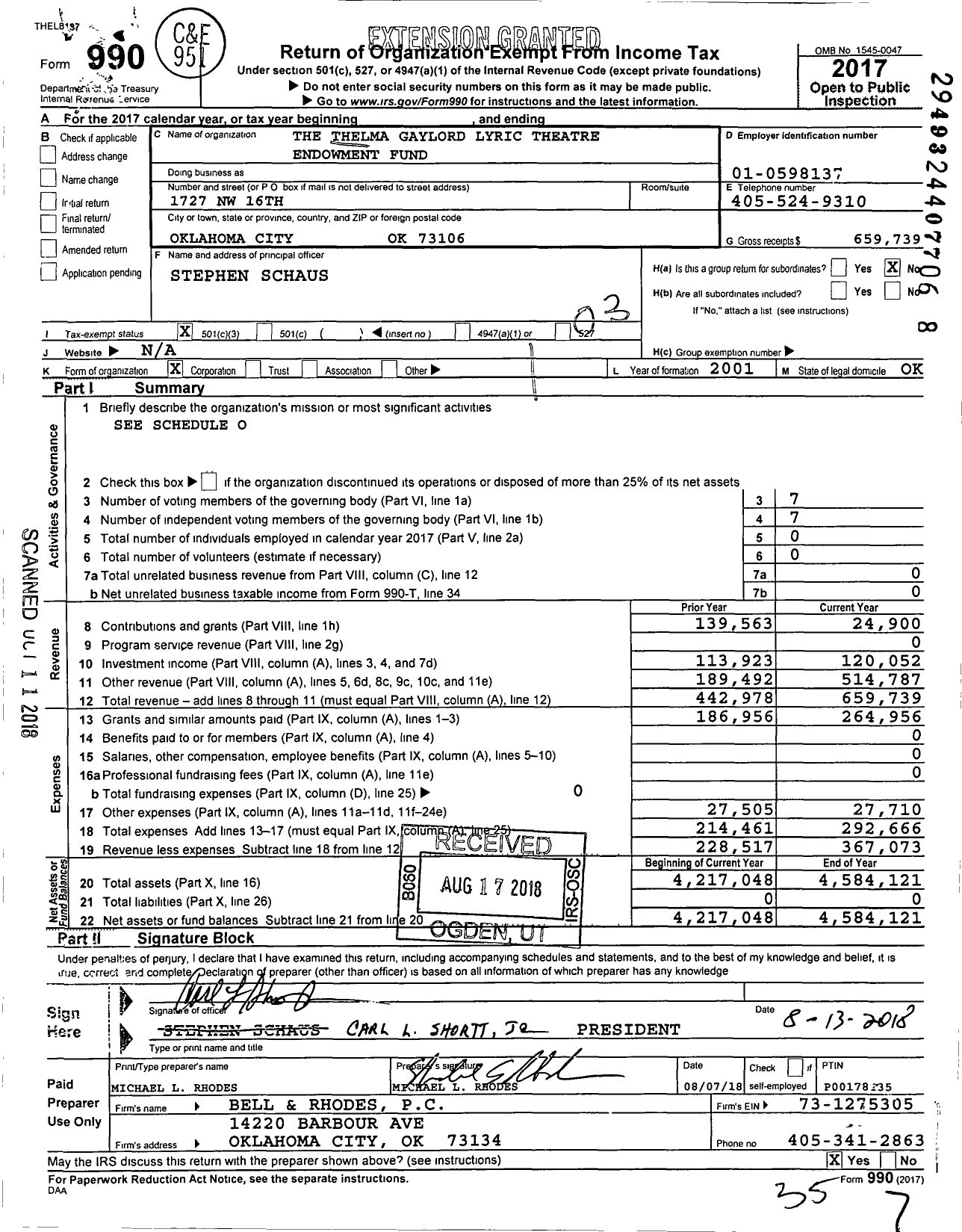 Image of first page of 2017 Form 990 for Thelma Thelma Gaylord Lyric Theatre Endowment Fund