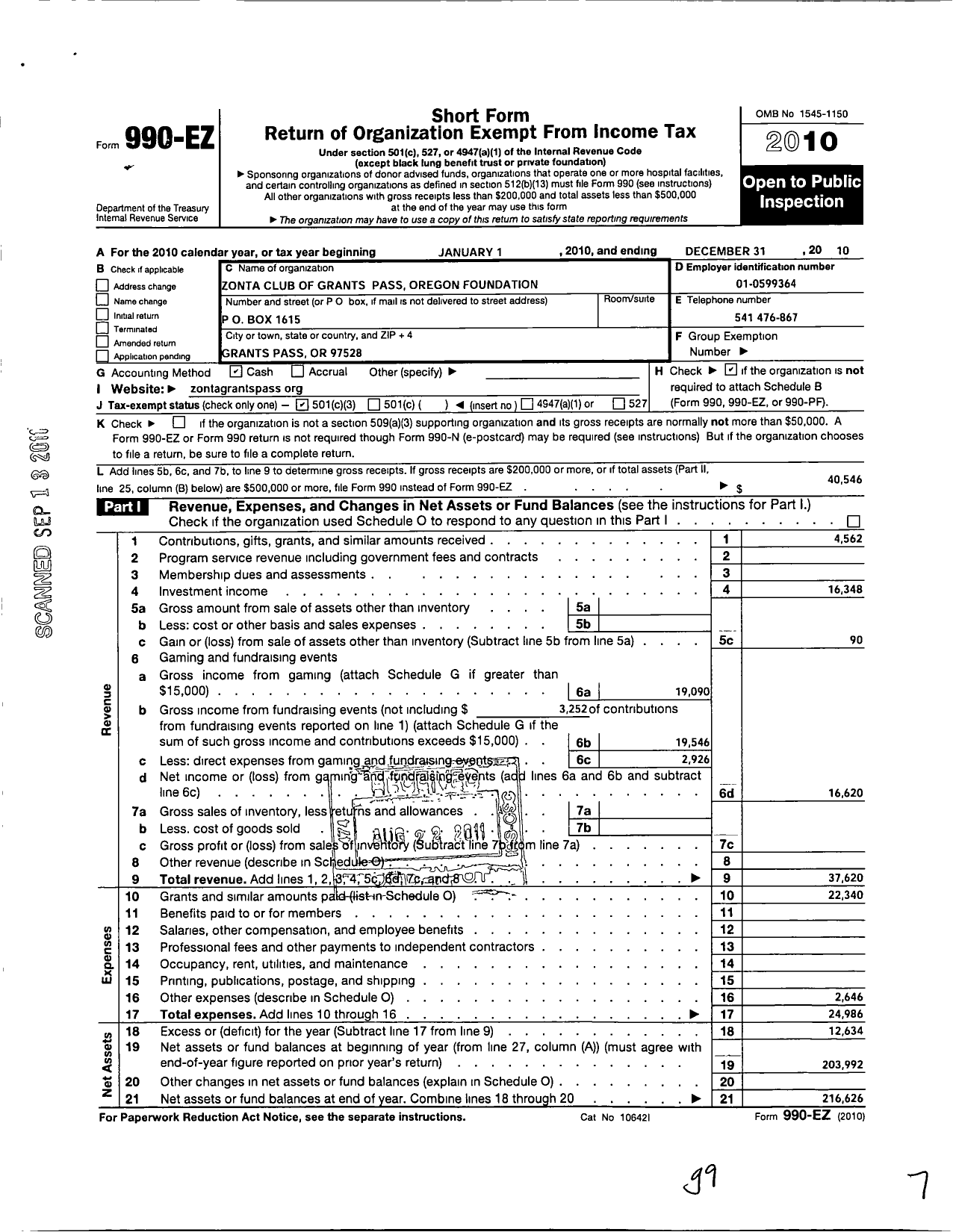 Image of first page of 2010 Form 990EZ for Zonta Club of Grants Pass Oregon Foundation