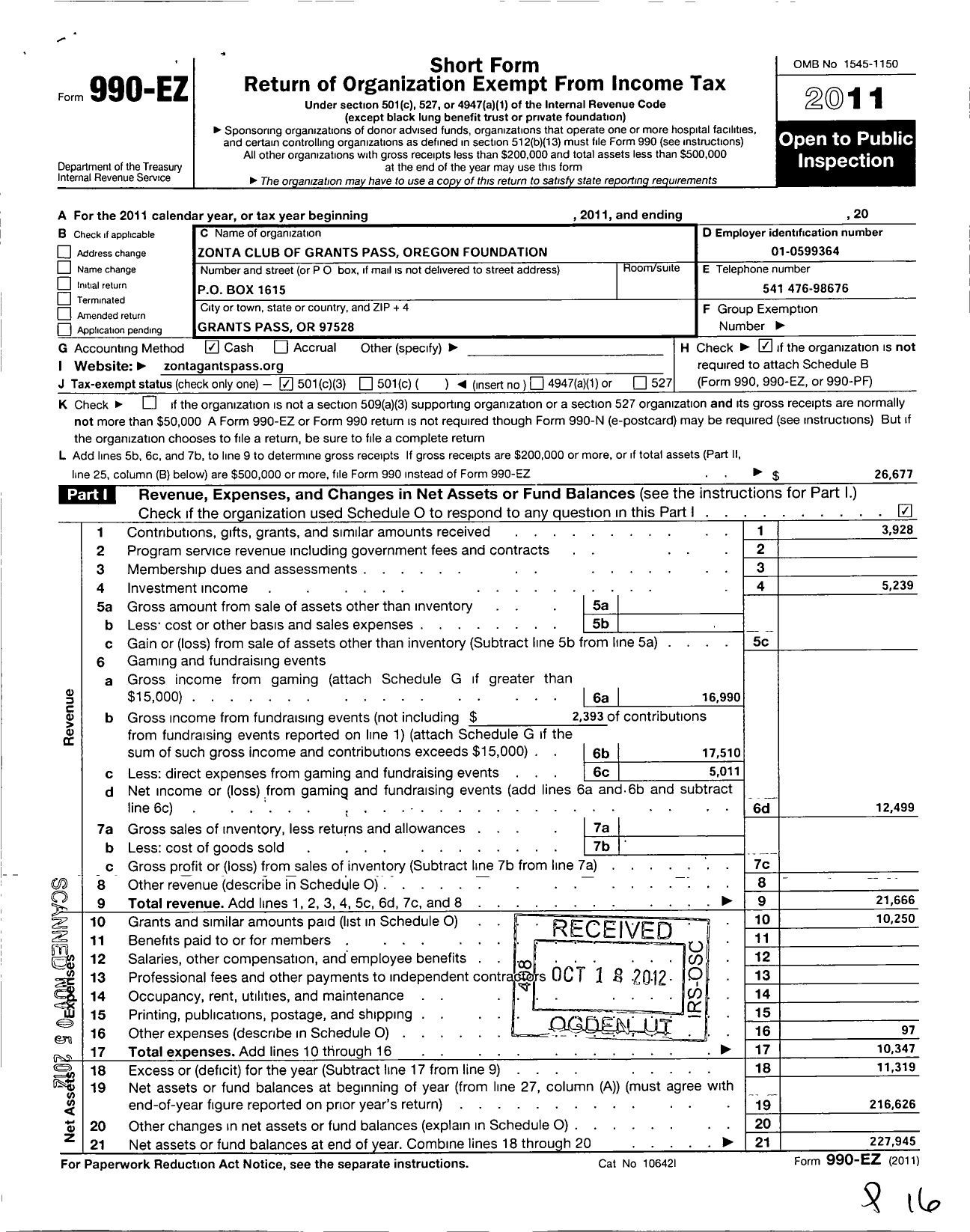 Image of first page of 2011 Form 990EZ for Zonta Club of Grants Pass Oregon Foundation