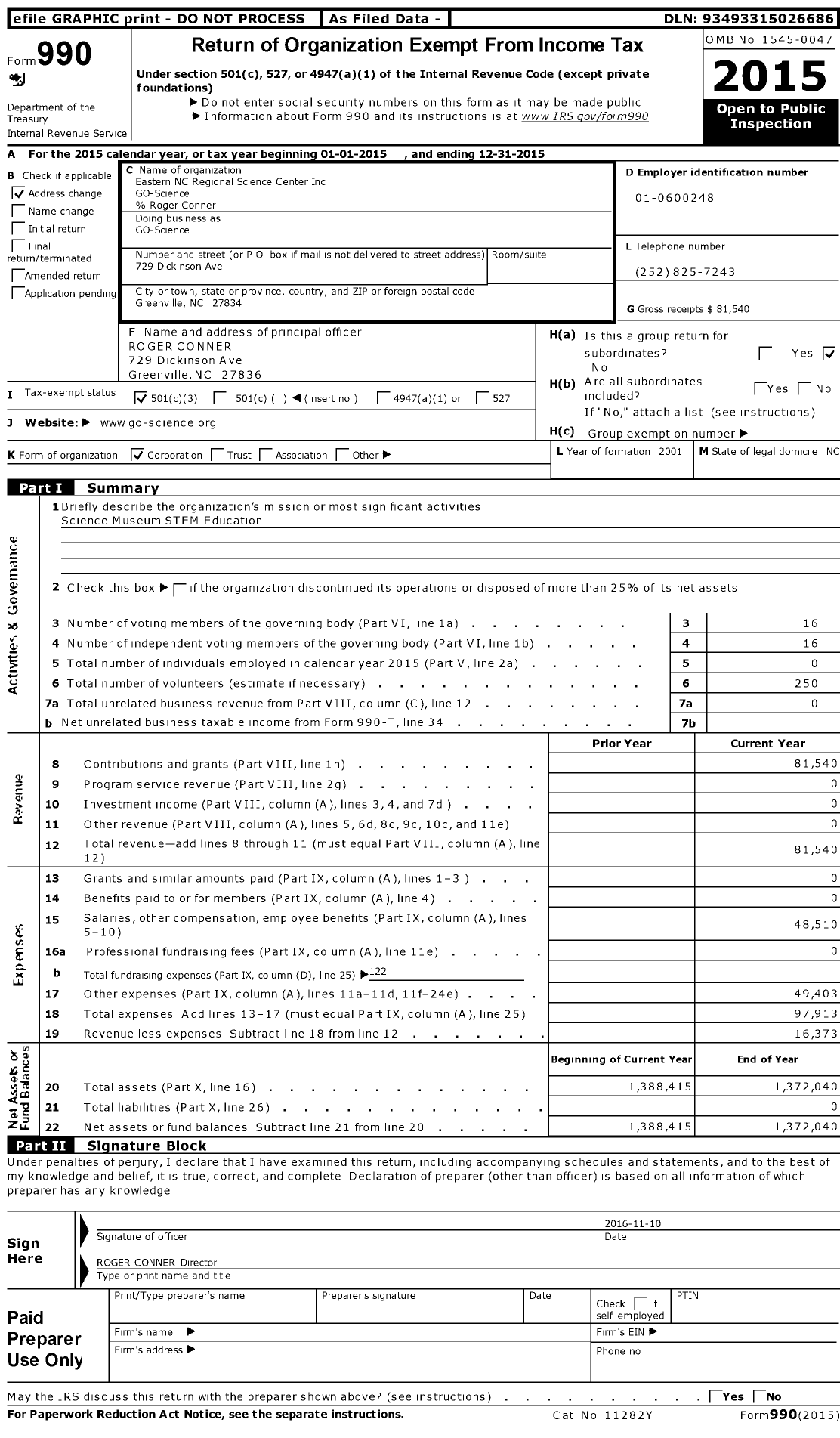 Image of first page of 2015 Form 990 for Eastern NC Regional Science Center