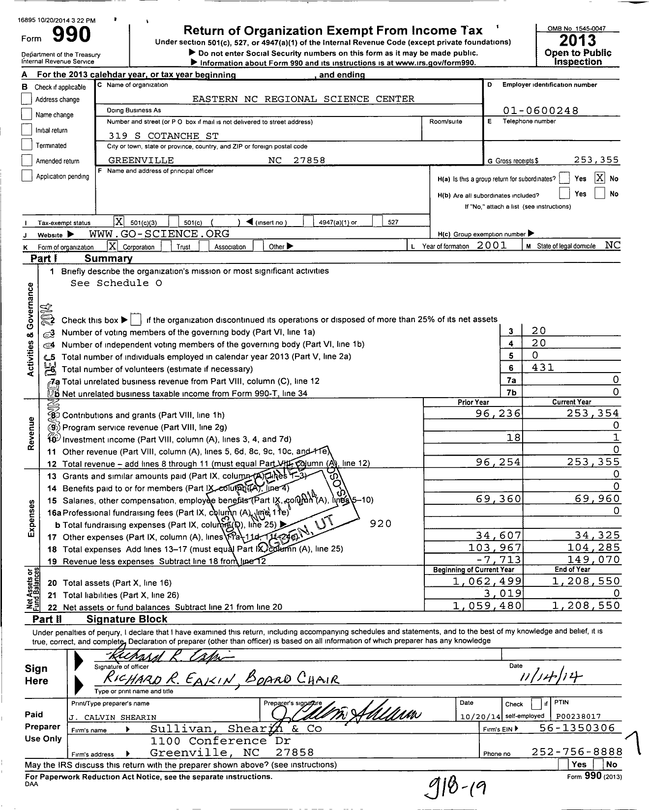 Image of first page of 2013 Form 990 for Eastern NC Regional Science Center