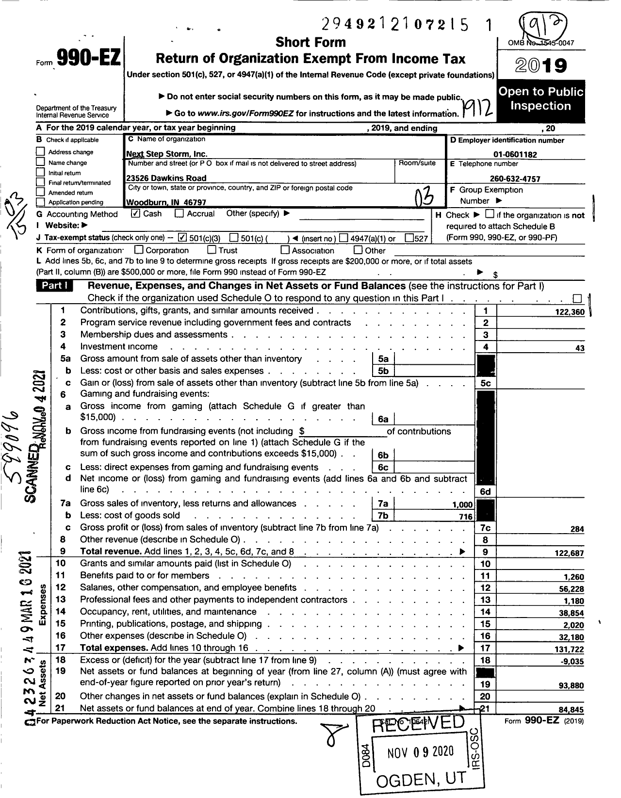 Image of first page of 2019 Form 990EZ for Next Step Storm