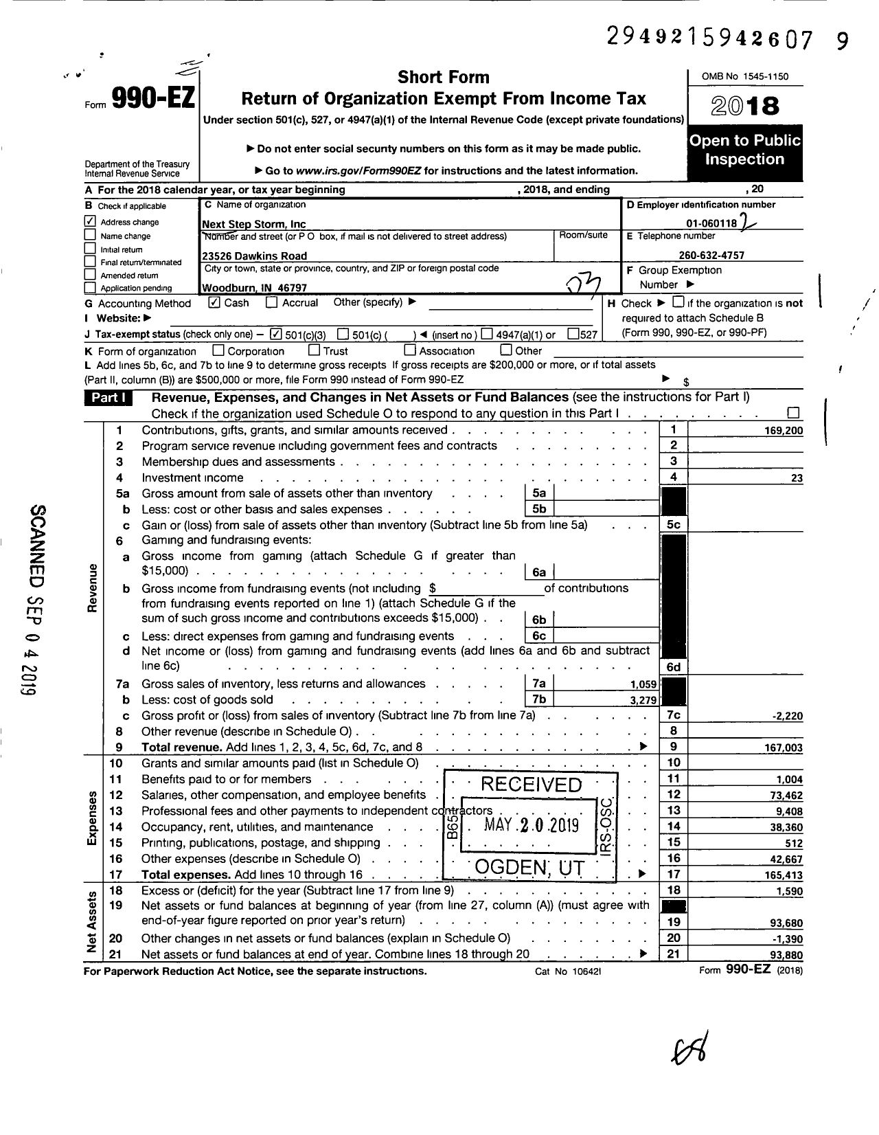 Image of first page of 2018 Form 990EZ for Next Step Storm