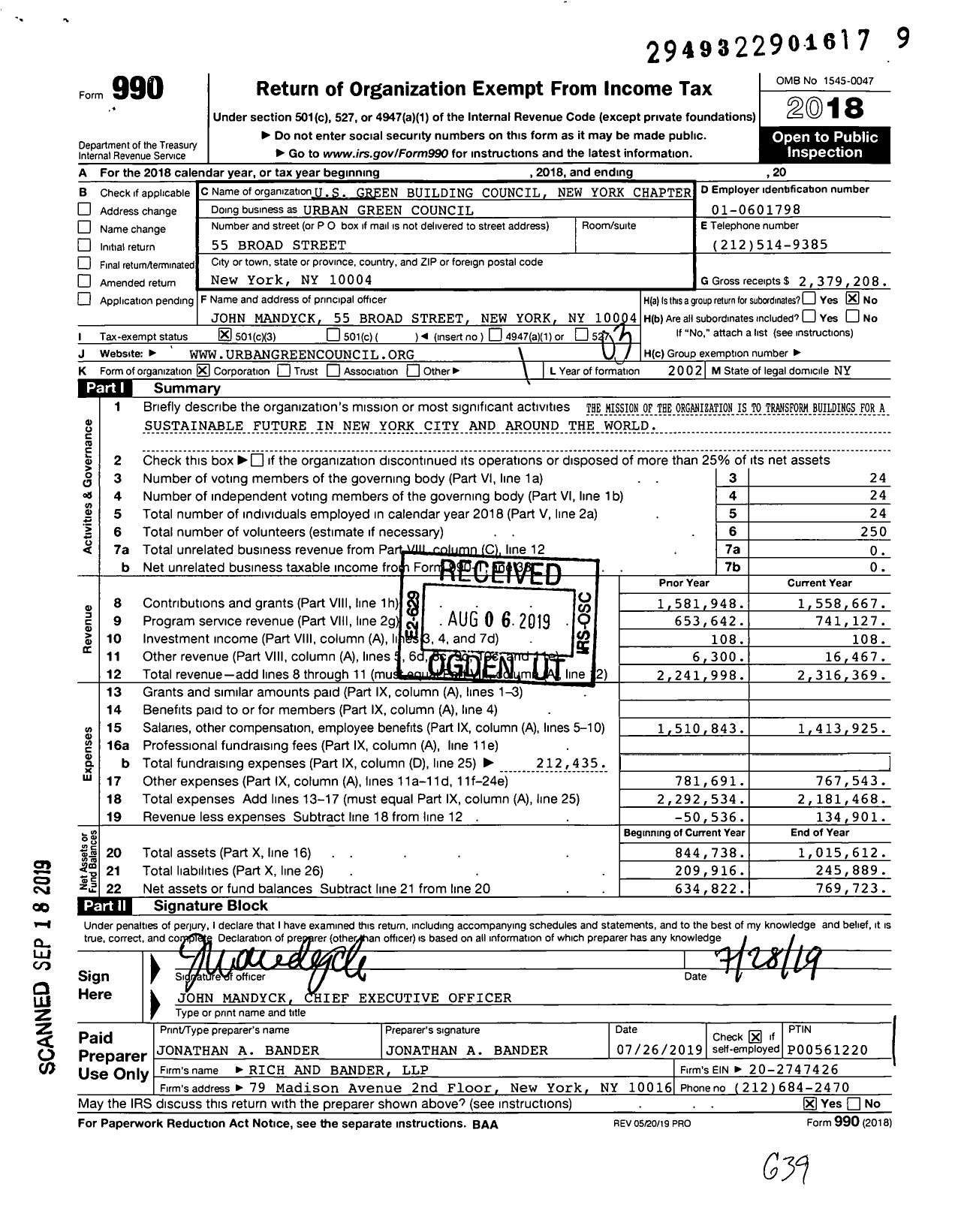 Image of first page of 2018 Form 990 for Urban Green Council