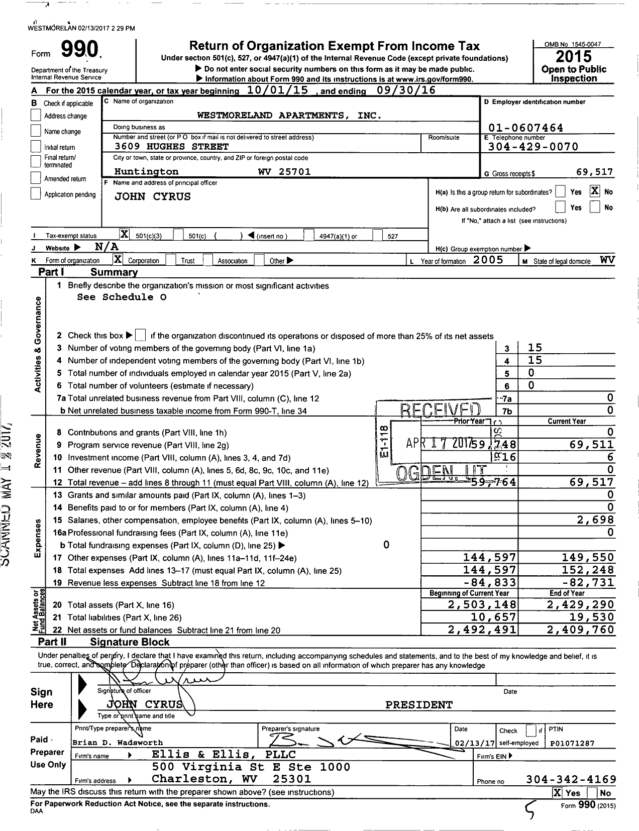 Image of first page of 2015 Form 990 for Westmoreland Apartments