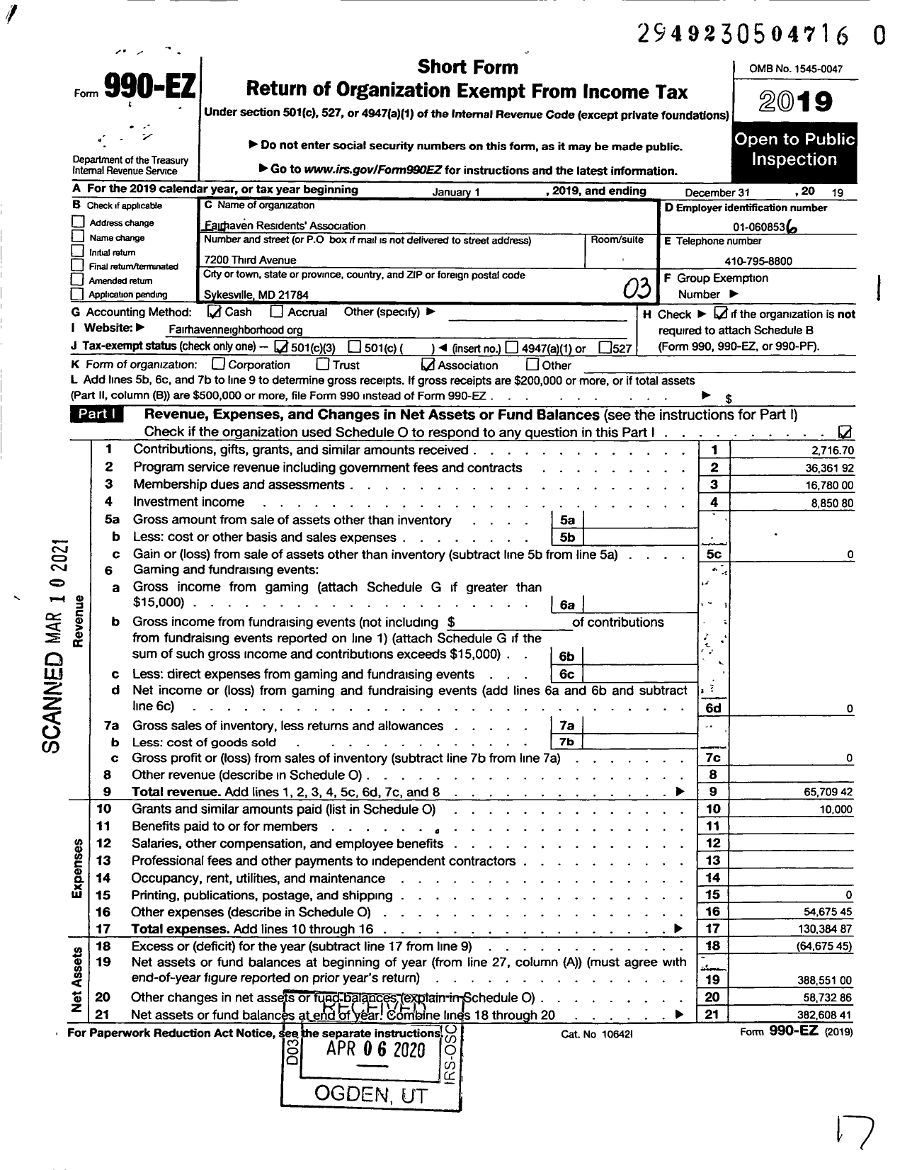 Image of first page of 2019 Form 990EZ for Fairhaven Residents Association