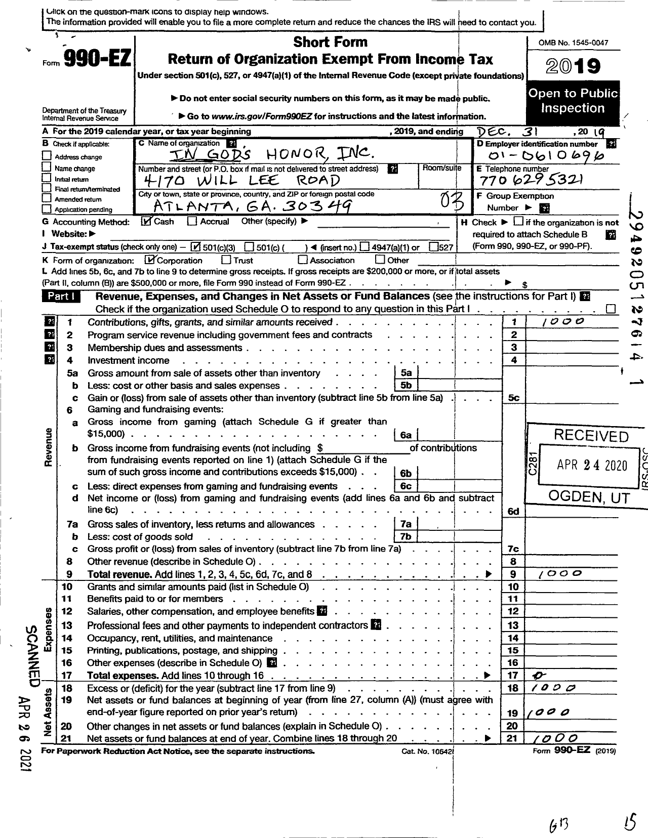 Image of first page of 2019 Form 990EZ for In Gods Honor