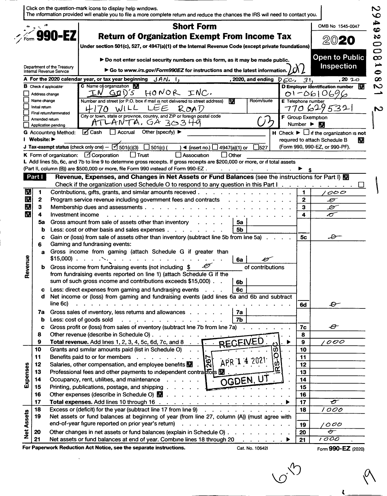 Image of first page of 2020 Form 990EZ for In Gods Honor