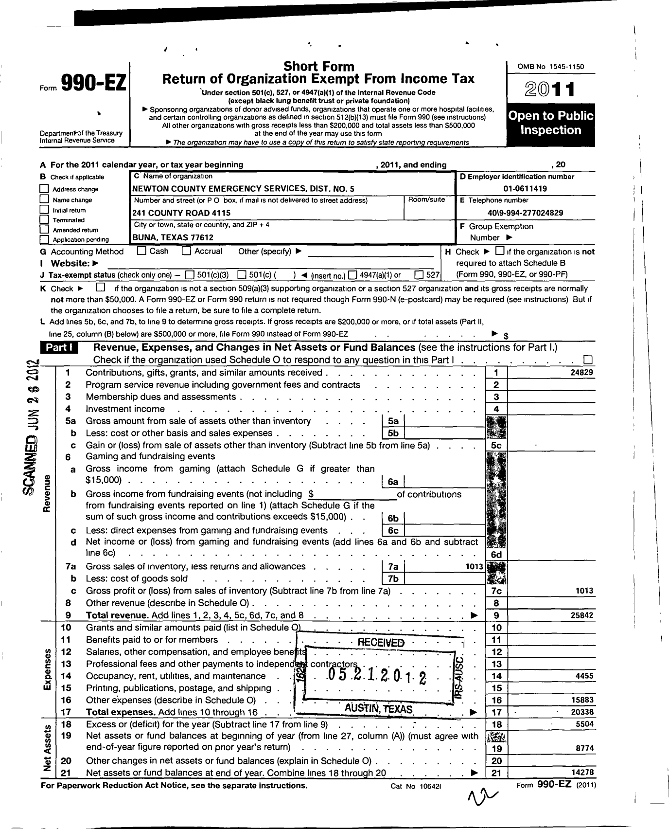 Image of first page of 2011 Form 990EO for Newton County Emergency Services District No 5