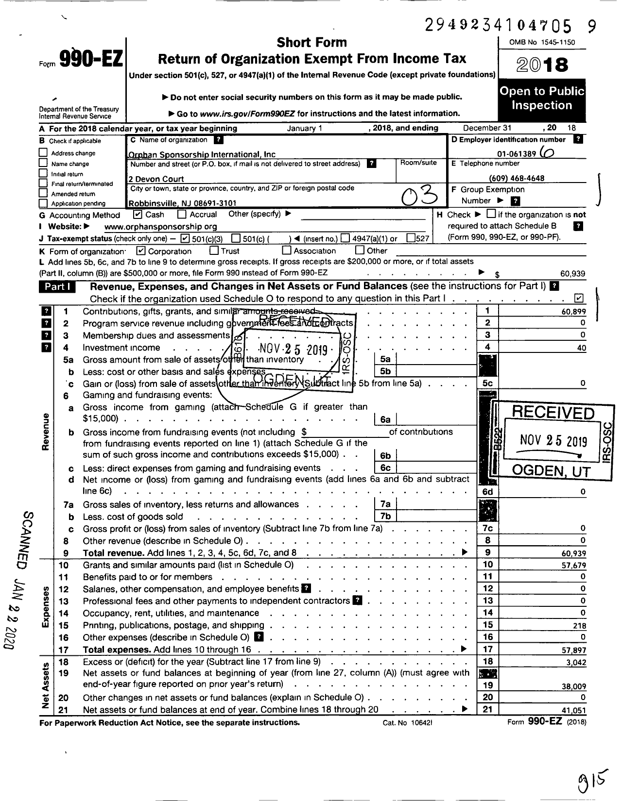 Image of first page of 2018 Form 990EZ for Orphan Sponsorship International