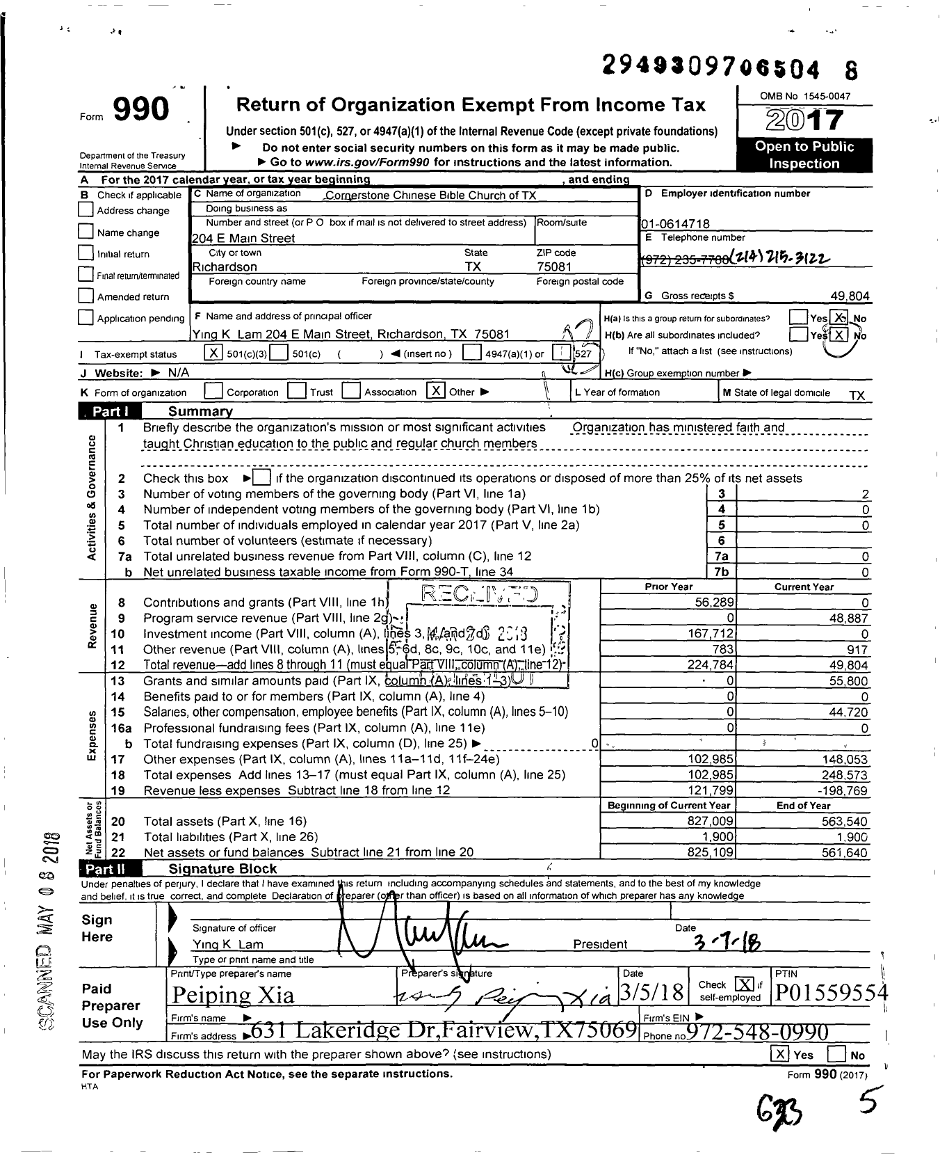 Image of first page of 2017 Form 990 for Cornerstone Chinese Bible Church of TX