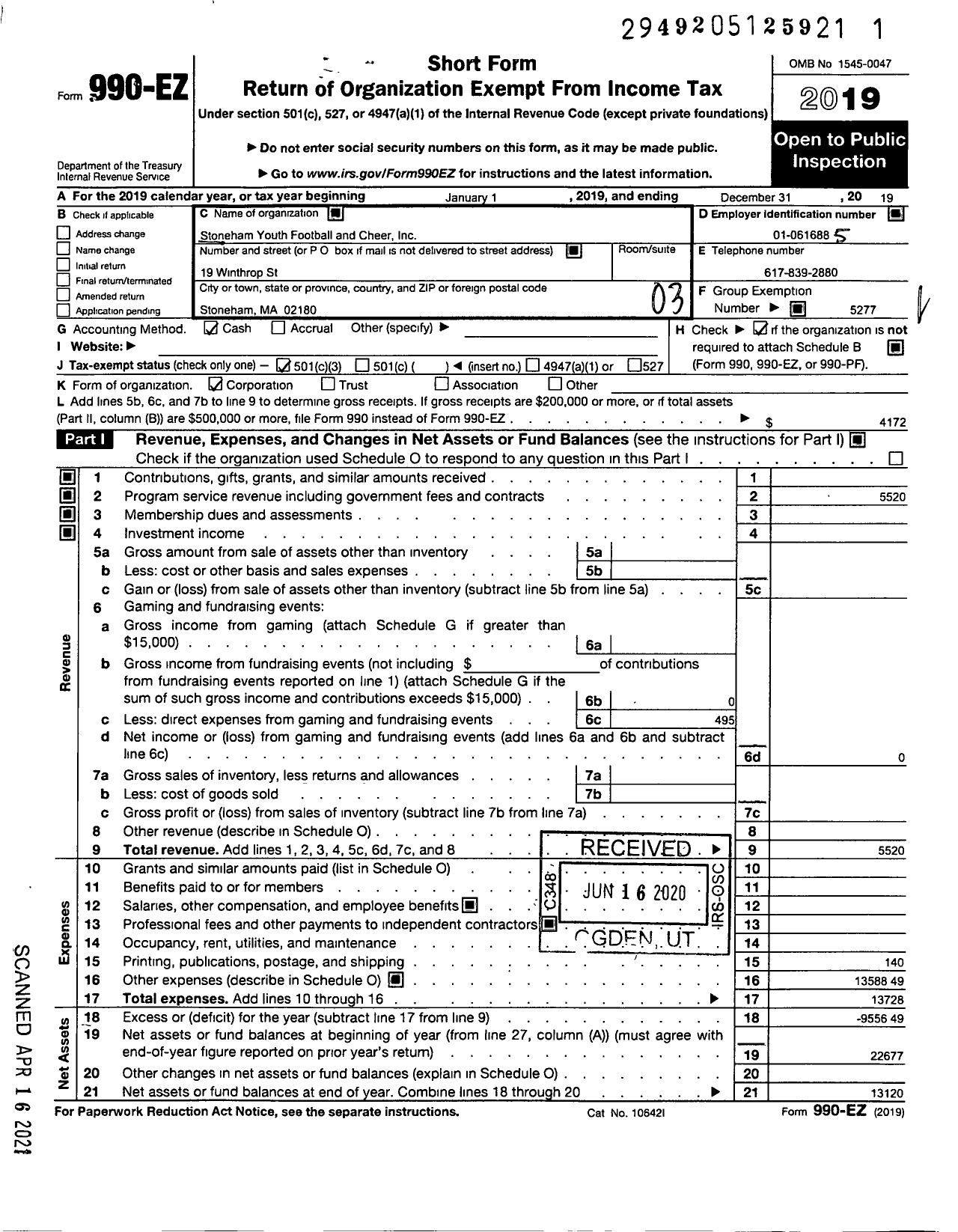 Image of first page of 2019 Form 990EZ for Stoneham Youth Football and Cheer