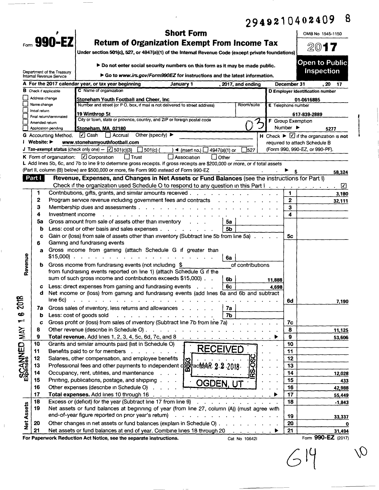 Image of first page of 2017 Form 990EZ for Stoneham Youth Football and Cheer