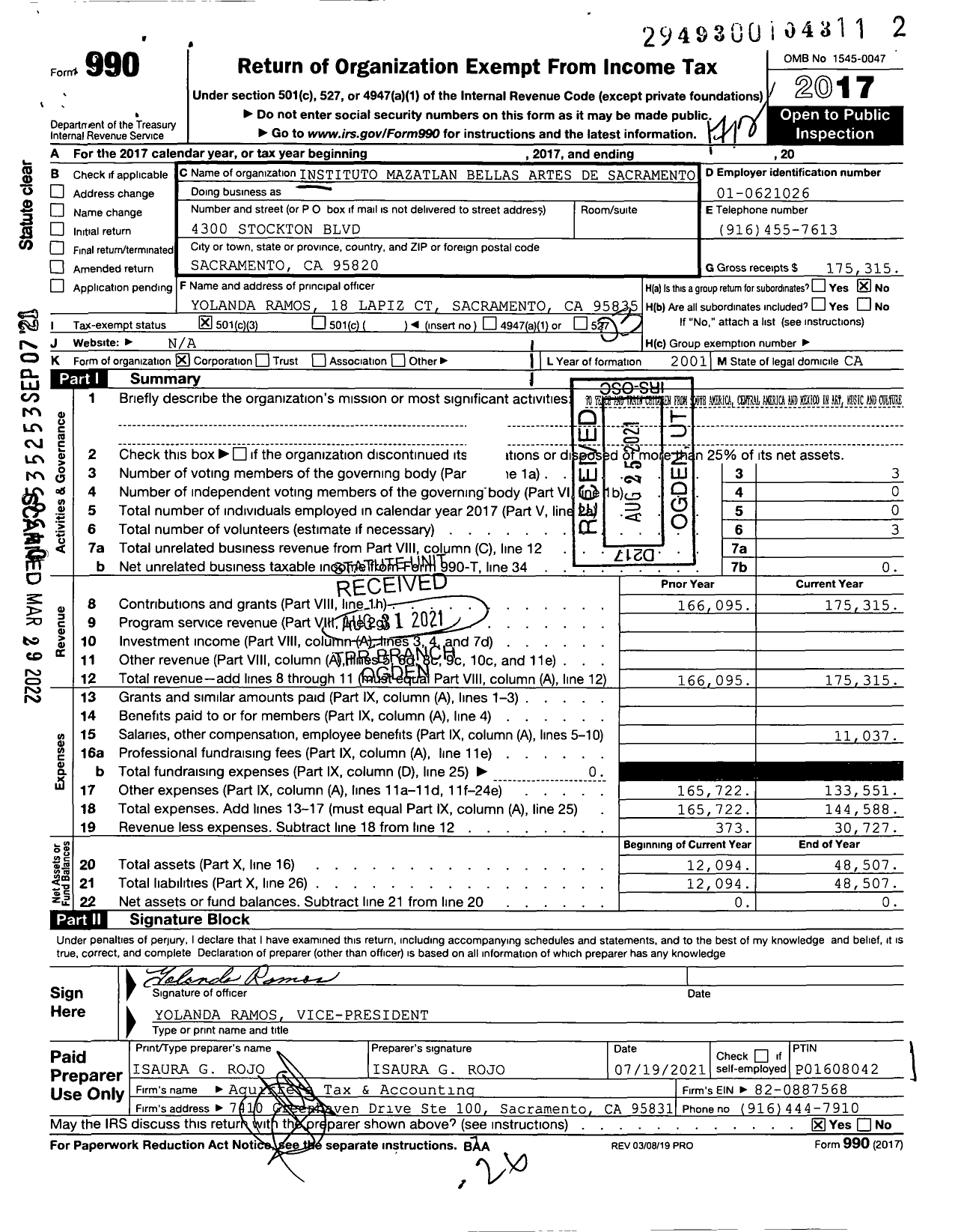 Image of first page of 2017 Form 990 for Instituto Mazatlan Bellas Artes