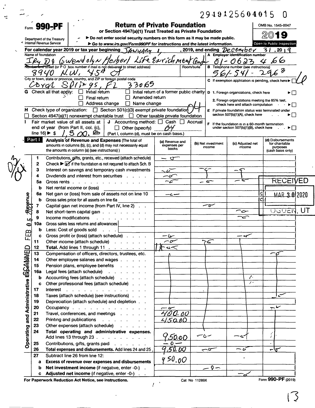 Image of first page of 2019 Form 990PF for Iry D and Gwendolyn Herbert Life Enrich Center