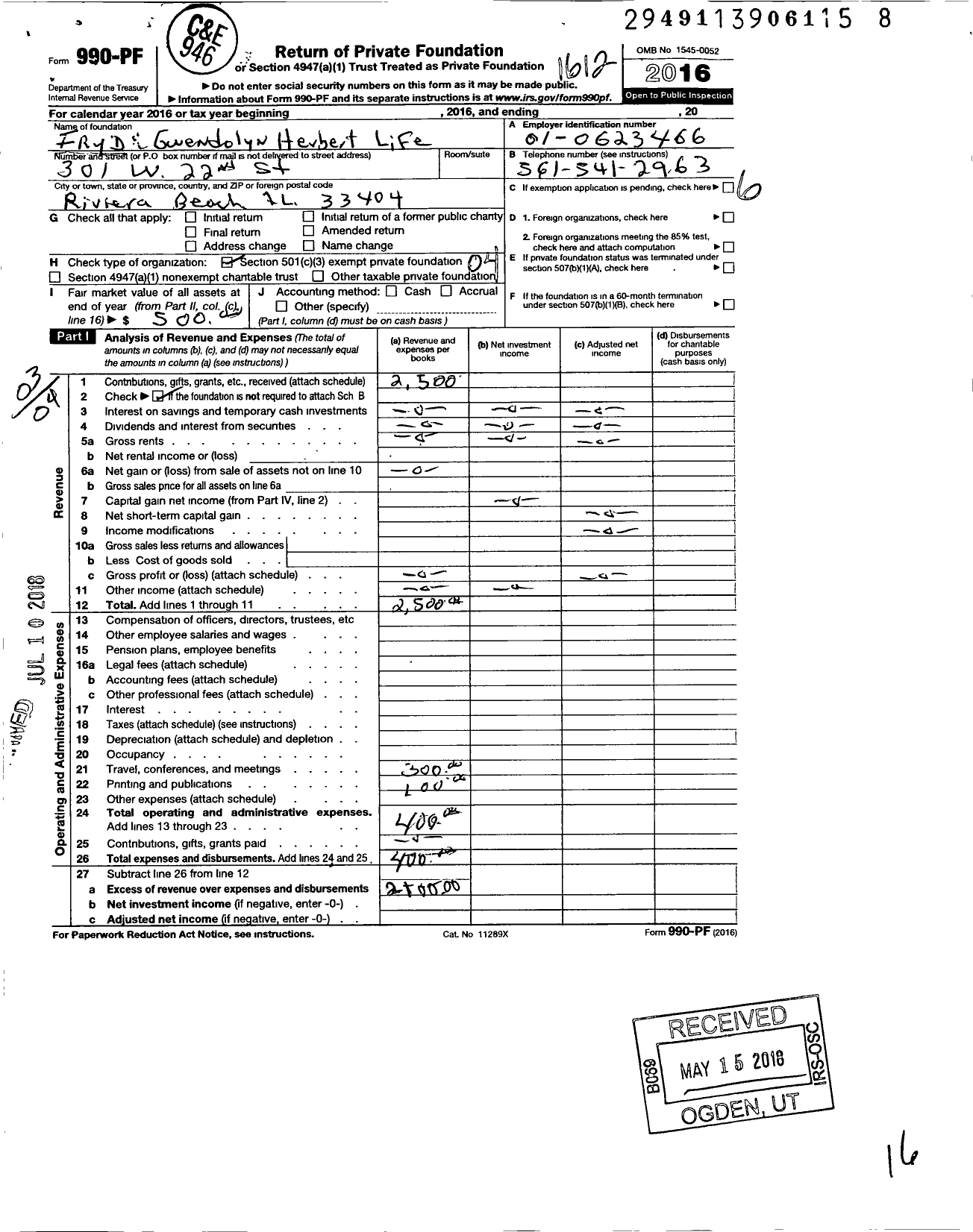 Image of first page of 2016 Form 990PF for Iry D and Gwendolyn Herbert Life Enrich Center
